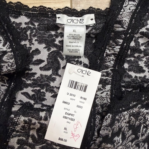 Vintage Cache Silver Black Floral Brocade Lace Trim Whimsigoth Top Tank XL NWT - Picture 5 of 8